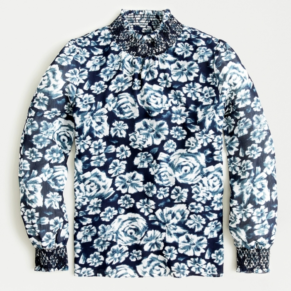 J.Crew Blue Floral Chiffon Smocked Neck Blouse